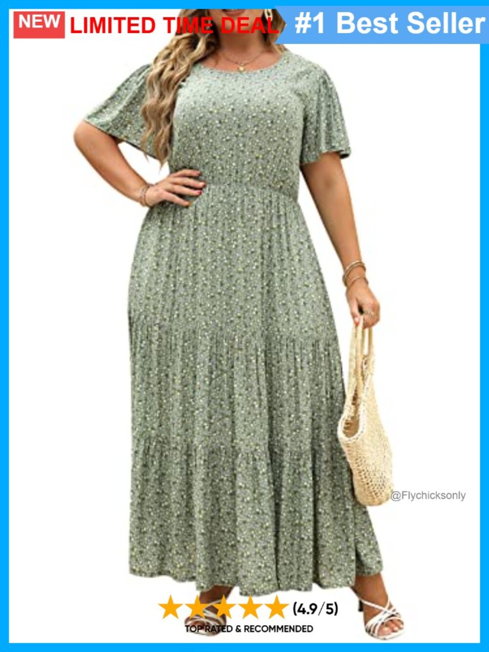 Plus Size Maxi Dress Boho Floral Ruffle Sleeve High Waist Pockets